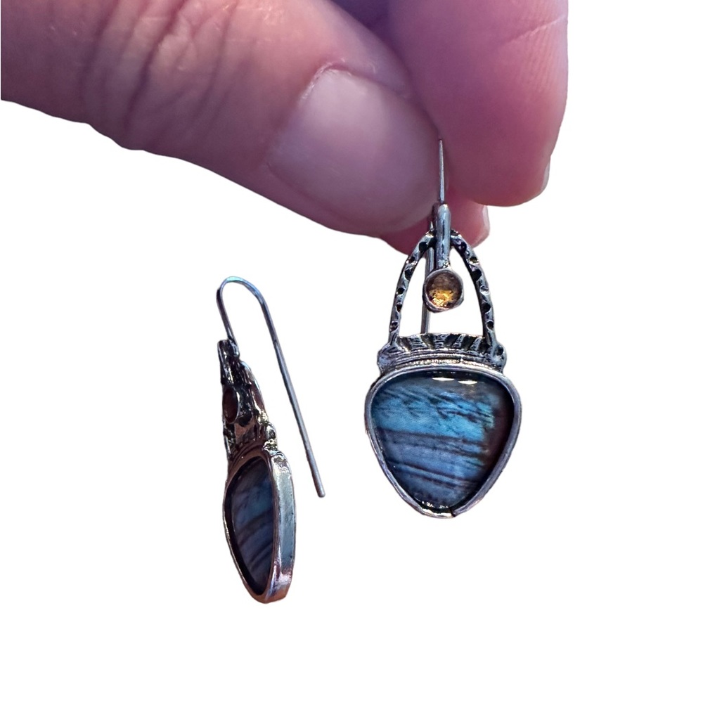 Boho Silver Plated and Blue Geometric Drop Style Earrings - Picture 4 of 5